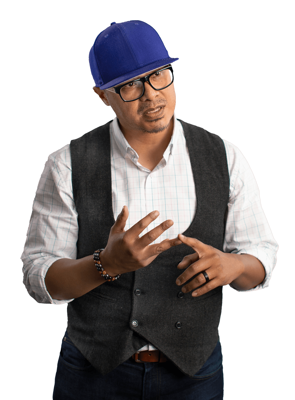 Asian man wearing a hat, vest, and button down shirt engaging in a conversation
